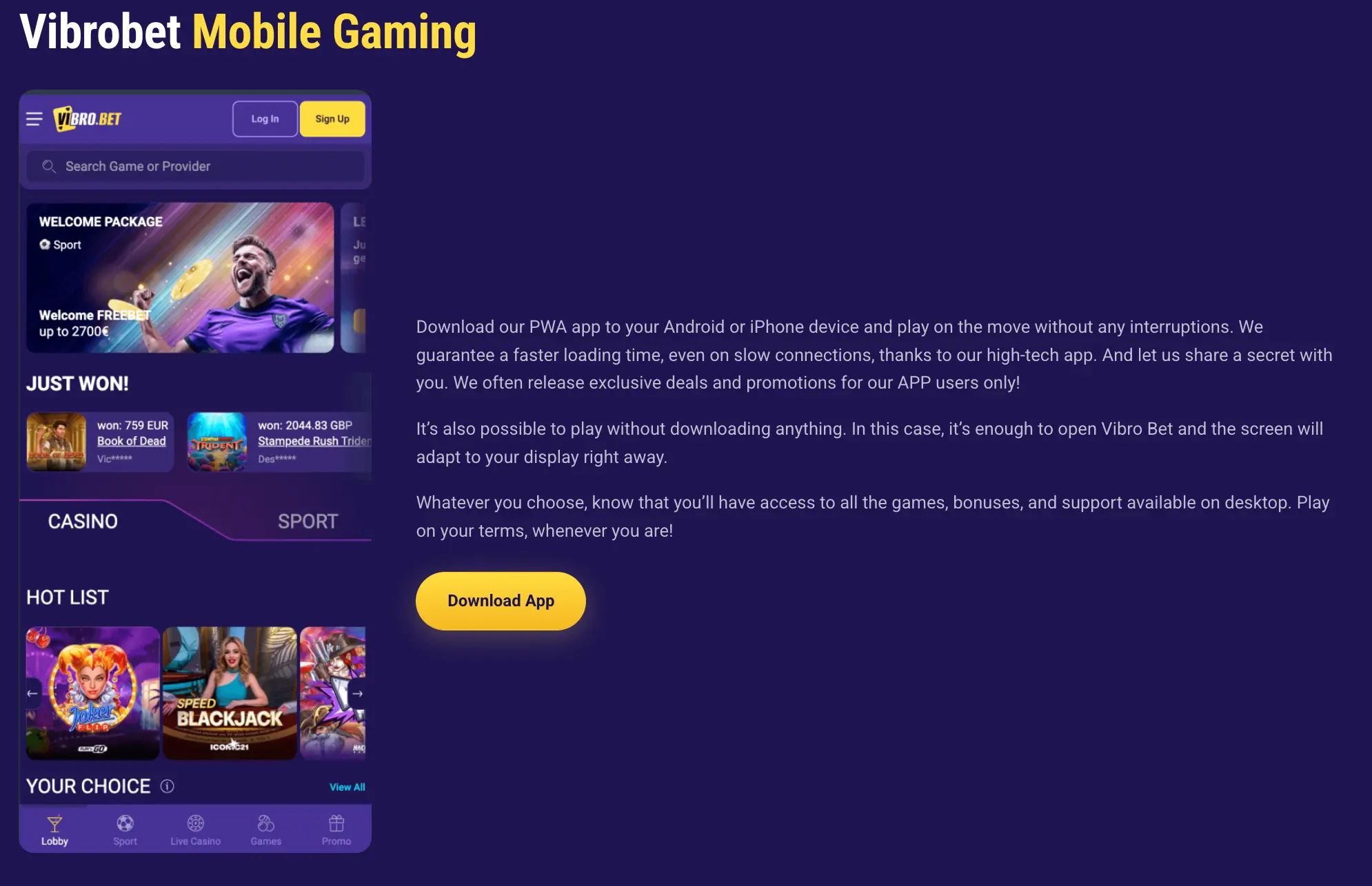 Vibrobet mobile app for Android and iOS